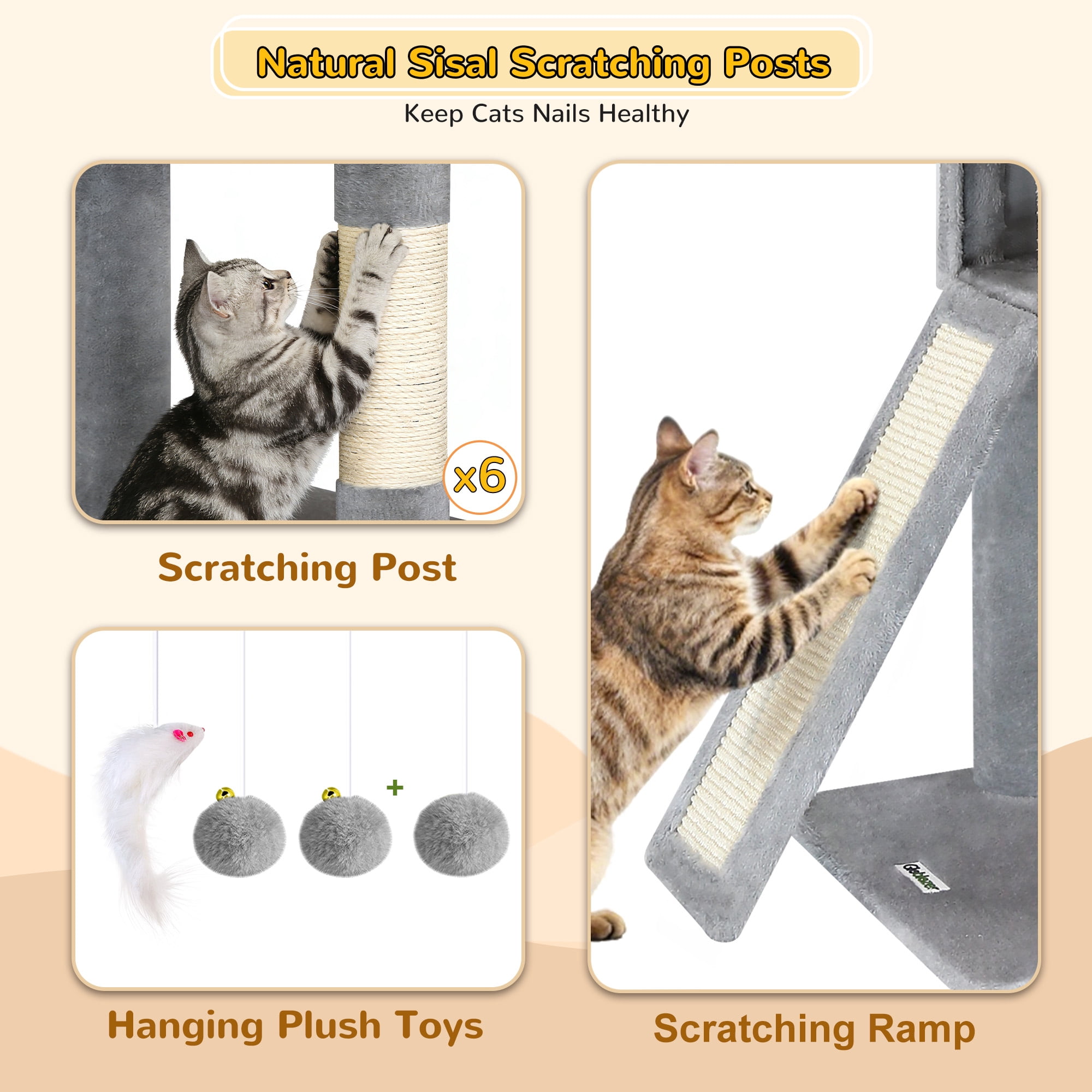 Globlazer 78" Multi-Level Large Cat Tree and Tower Condo for Indoor Cats with Sisal Scratching Posts, Condos, Hammock & Hammock,Light Gray