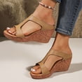 thumbnail image 3 of Rokment Women's Platform Wedges Dressy Sandals Trendy Casual Leather Open Toe Chunky High Heels Orthopedic Gladiator Dress Slip on Summer Shoes for Ladies Khaki Size 7.5, 3 of 7
