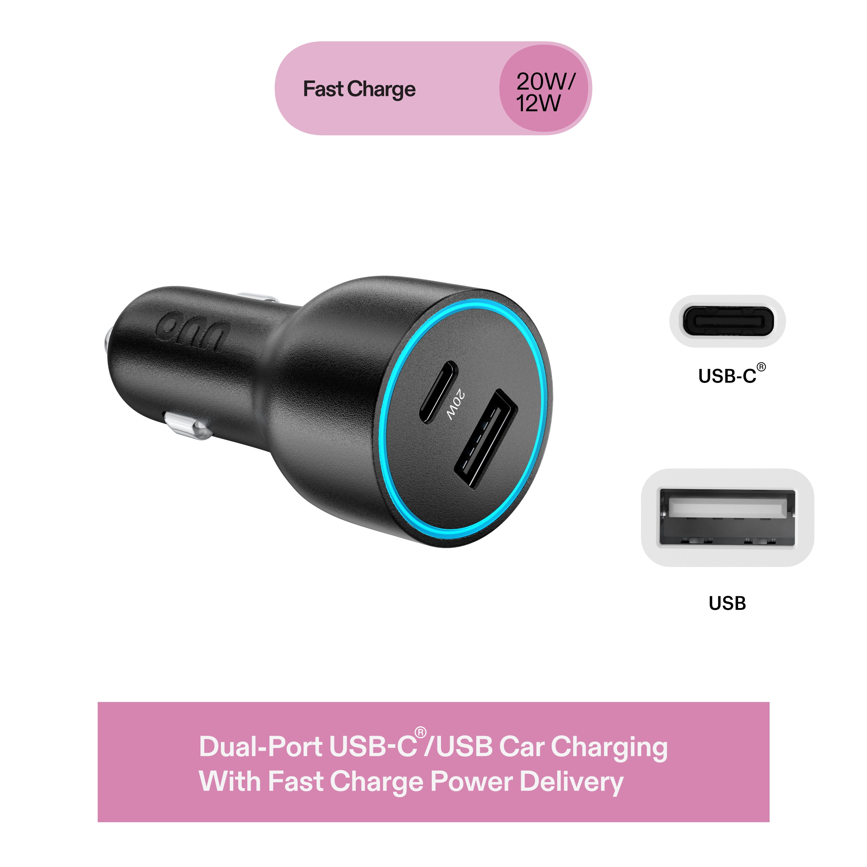 (5 pack) Onn 32W Dual USB-C and USB-A Port Car Fast Charger, USB-IF Certified, Compact Design