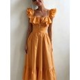 thumbnail image 4 of Orange Red Striped Ruffle Square Neck Womens Dress, Elegant Vacation Party, 4 of 4