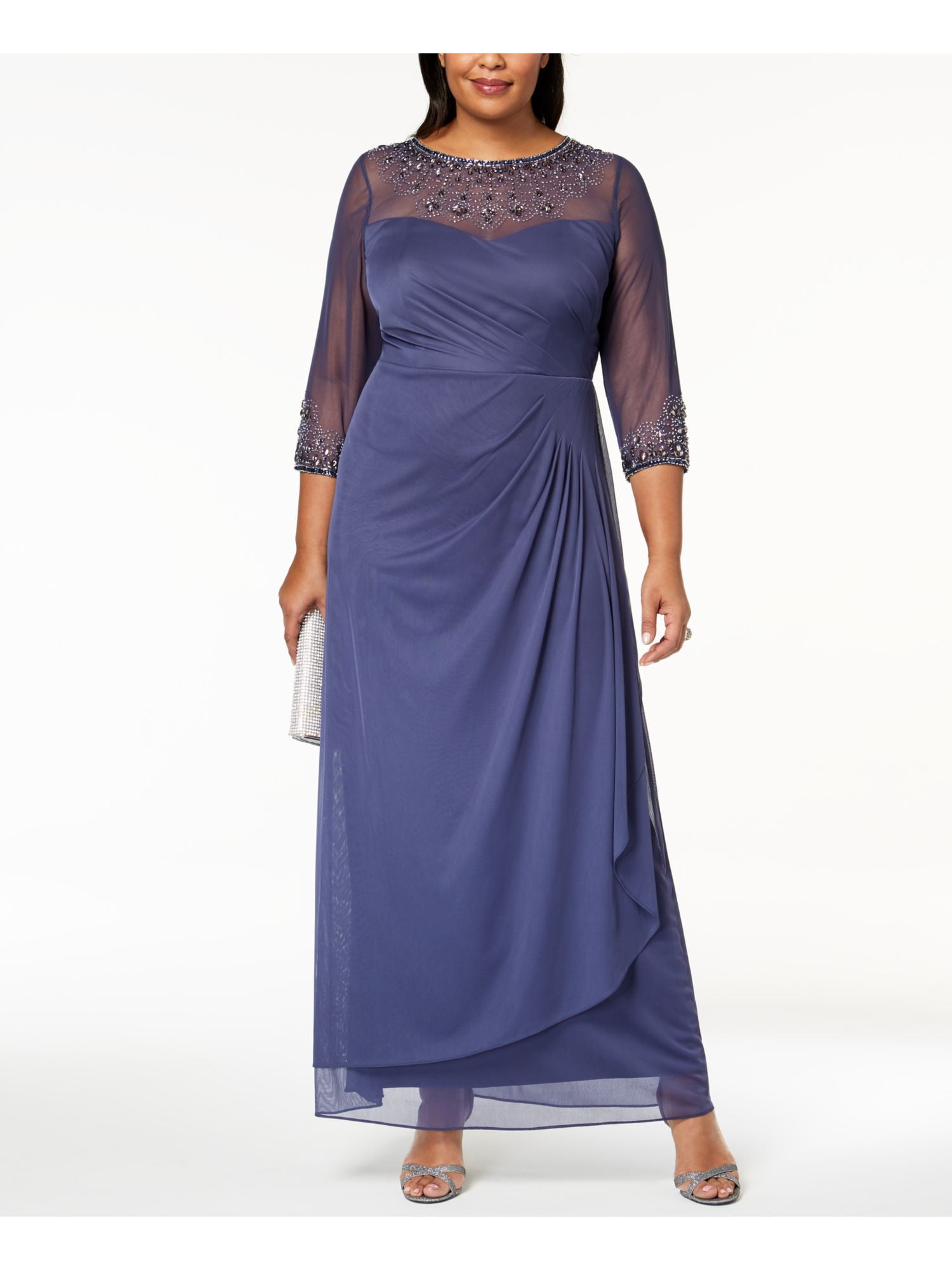 Alex Evenings - ALEX EVENINGS Womens Purple Embellished Illusion 3/4 Sleeve Jewel Neck Maxi