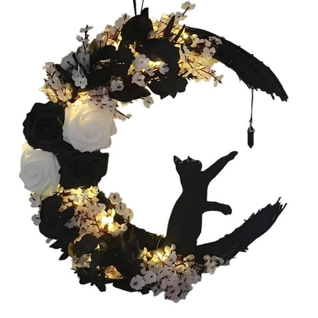 Halloween Wreaths For Front Door 14inches Cat Moon Wreath for Wall Decor Pre-Lit Mini Cat Wreath for Halloween Home Decoration