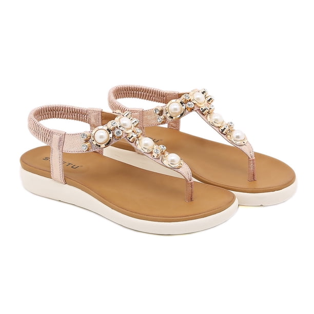 Zapatos de mujer, zapatillas de playa ligeras, zapatillas sin cordones, tacón medio, informales, cómodas, con diamantes de perlas, sandalias con cuña, chanclas bohemias Wmkox8yii nm2638