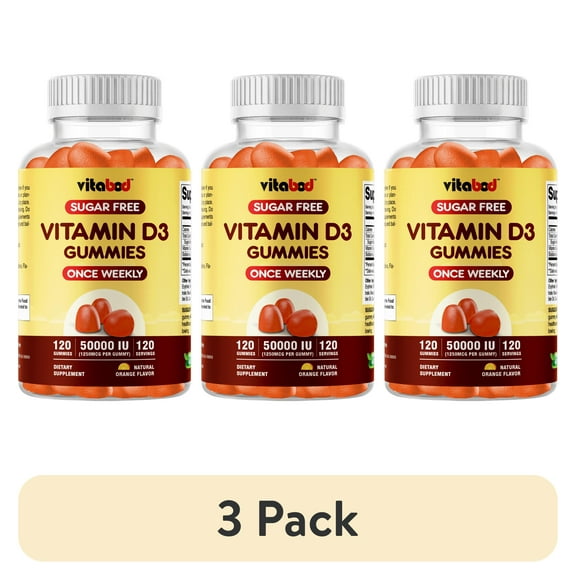 (3 pack) Vitabod Sugar Free Vitamin D3 50,000 IU Weekly Supplement - 120 Vegetable Vitamin D Gummies for Bones, Teeth, and Immune Support - Easy Chew Pure Vitamin D3 50000 IU- Non GMO Pills
