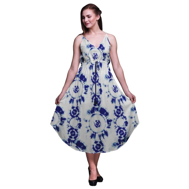 Bimba Robe de Plage Bohème Midi Sans Manches Imprimée Teinture sur Nœuds pour Femmes-TTG