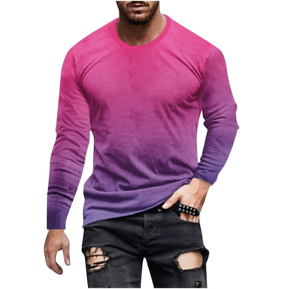 Honeeladyy Men's Crew Neck Casual Long Sleeve Gradient T-Shirts Classic Shirts for Men #B-Hot Pink-XXXL