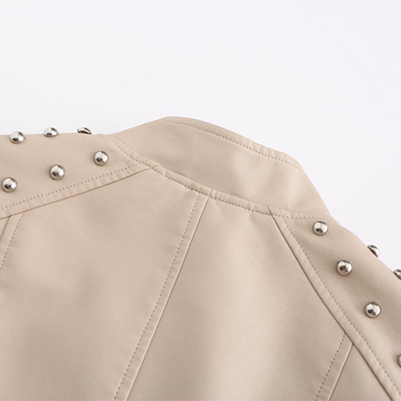 Gifts for Girls! QATAINLAV Women's Casual Light Studded Shoulder Moto Biker Jackets Solid Casual Oblique Zip Faux Leather Motorcycle Coat Beige XL
