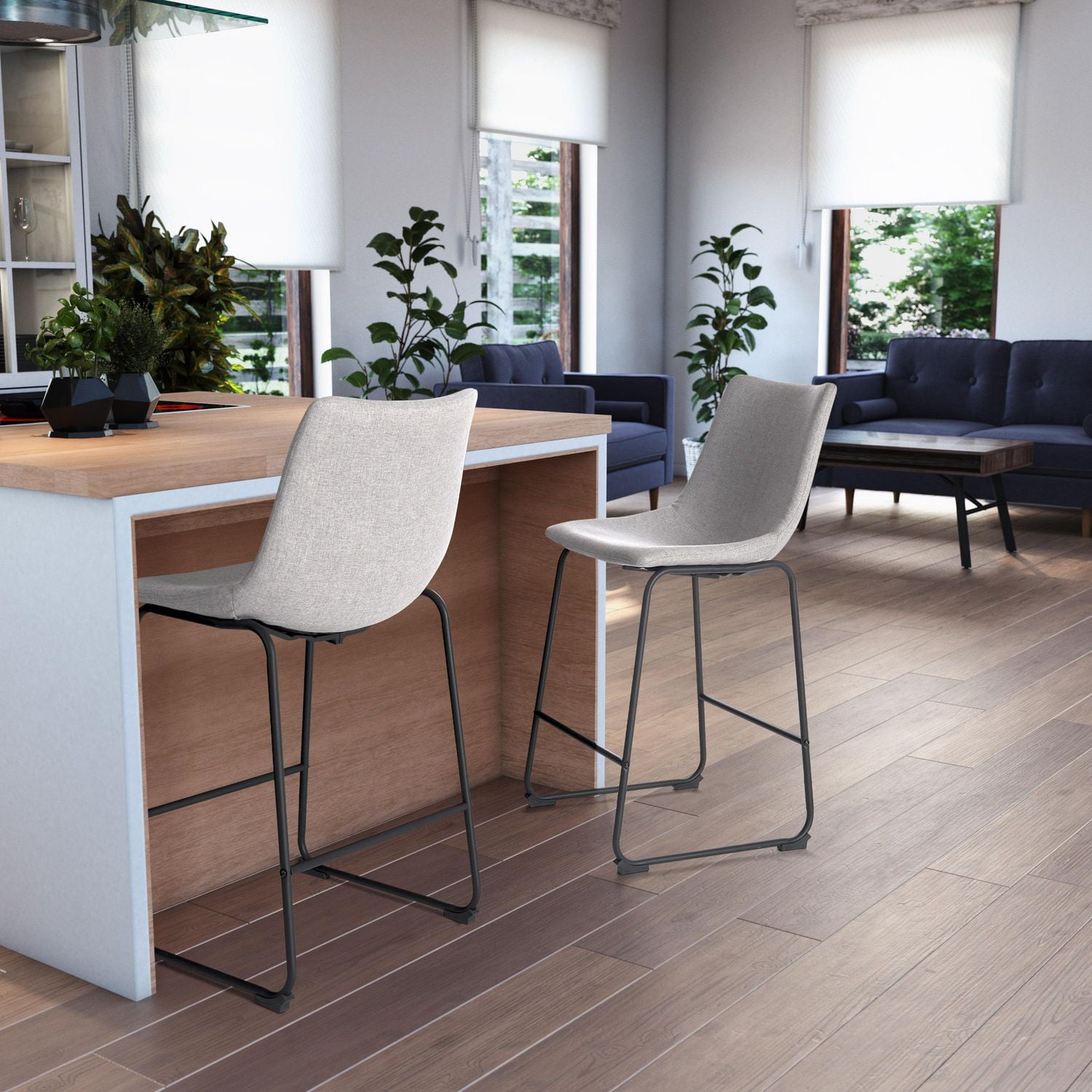 Asahi Set of 2 Counter Height Upholstered Bar Stools with Metal Legs