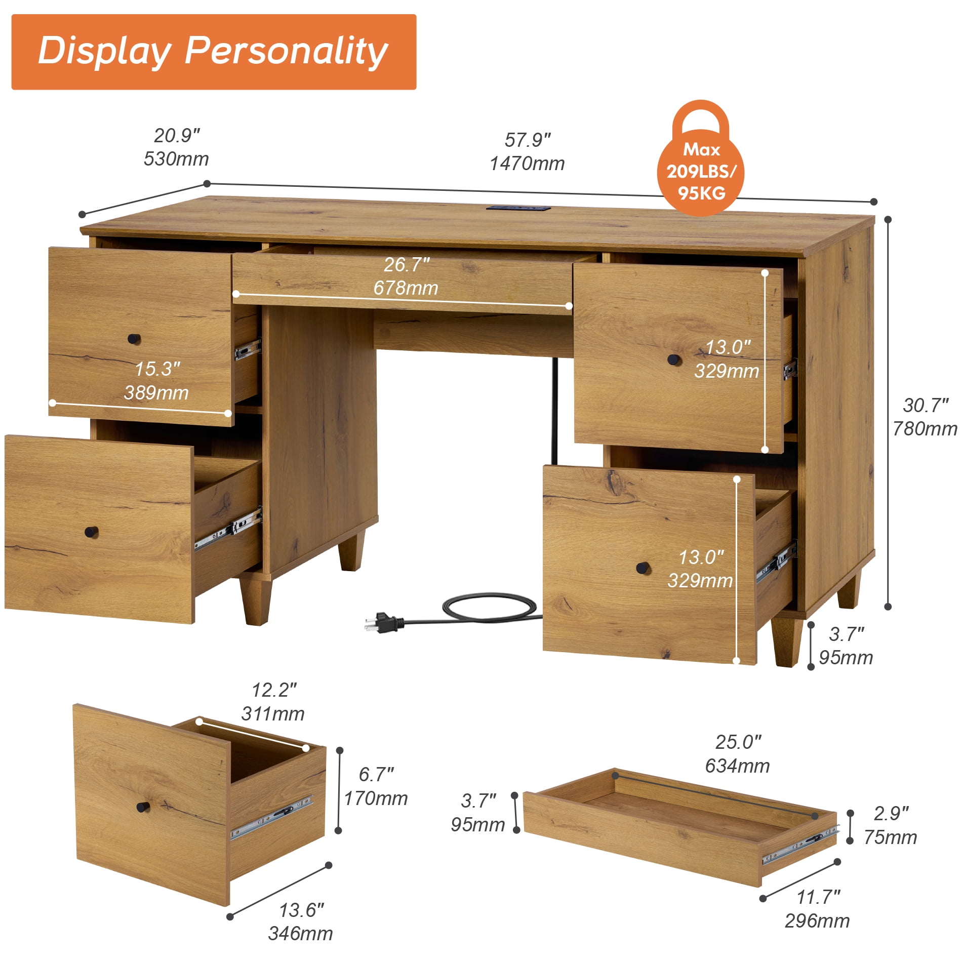 WAMPAT 58" Executive Desk with 5 Drawers, Modern Farmhouse Home Office Computer Table with Charging Station, Oak Brown