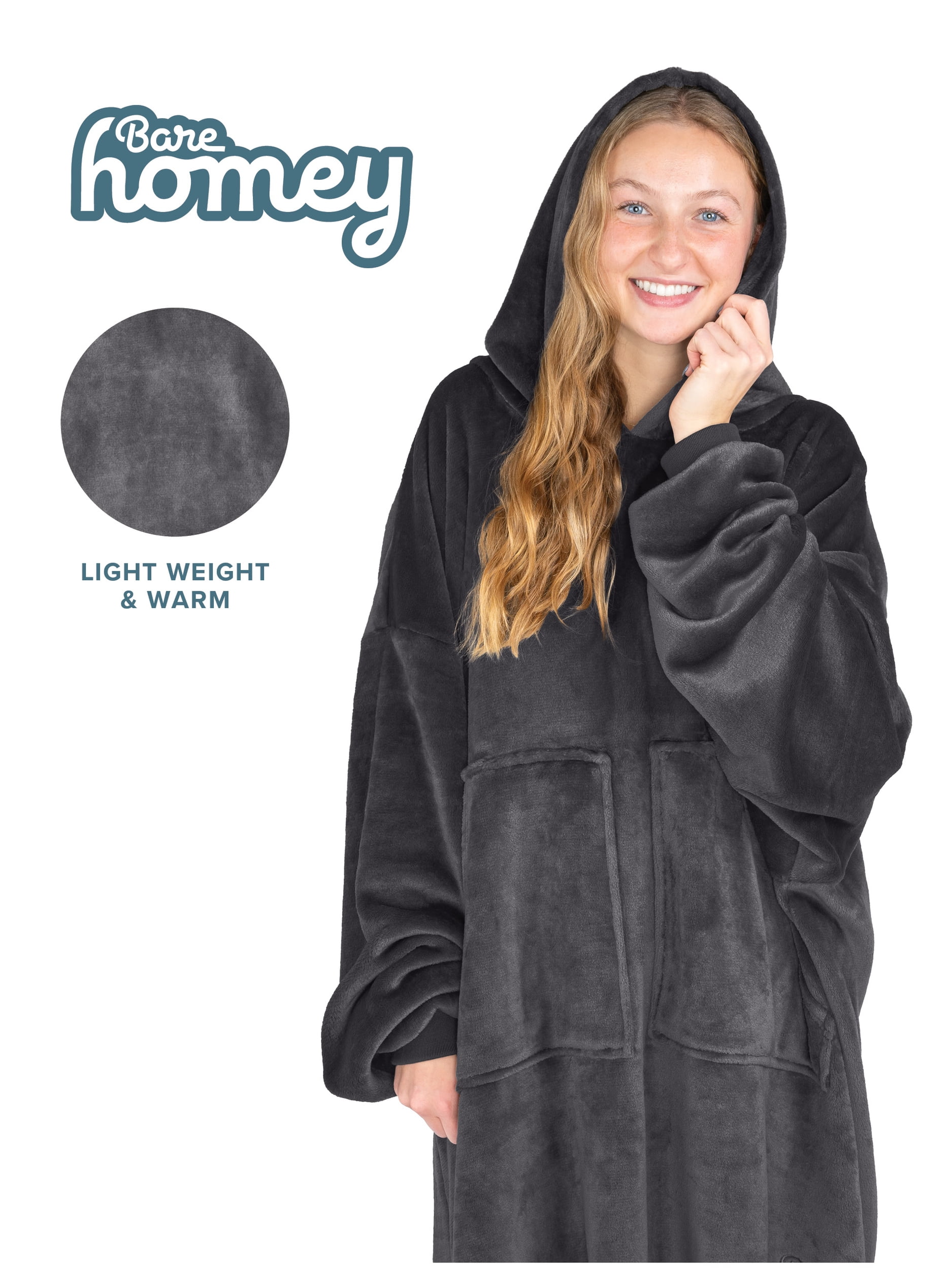 Bare Homey B-Warm Adult Size Microplush Wearable Blanket, Split Front Pocket, Forged Iron Gray