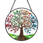 Glasseam Tree of Life Stained Glass Suncatcher Four Seasons Theme Colorful Leaves Window Wall Hanging Ornament Hand-Painted Glass Panel Decor Birthday Gift for Mom Grandma Teacher Friend 6.3 * 6.3