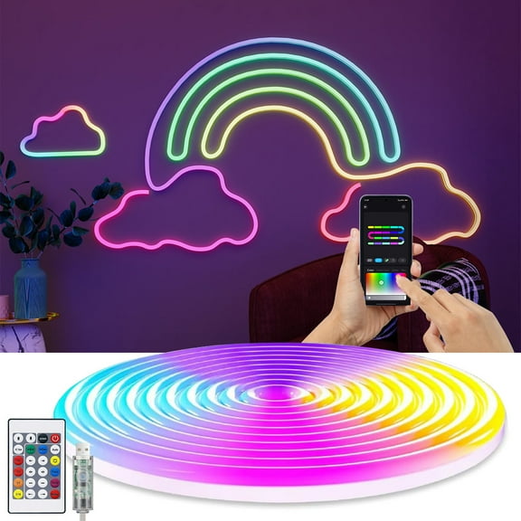 Rosnek LED Neon Rope Light Smart RGBIC USB Powered Neon Light Strip with App and Remote Control Music Sync Multiple Modes Ambient Lighting for Party DIY Home Decor Gaming