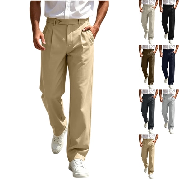 Men's Pleated Dress Pants Straight Leg Slacks Business Casual Trousers Old Money Style with Belt Loops Slant Pockets for Office Work, Khaki, XL