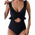 thumbnail image 2 of One Piece Swimsuit for Women Tummy Control Ruffle Bathing Suit V Neck Ruched Swim Suit Slimming Cutout Swimwear Black XL, 2 of 7