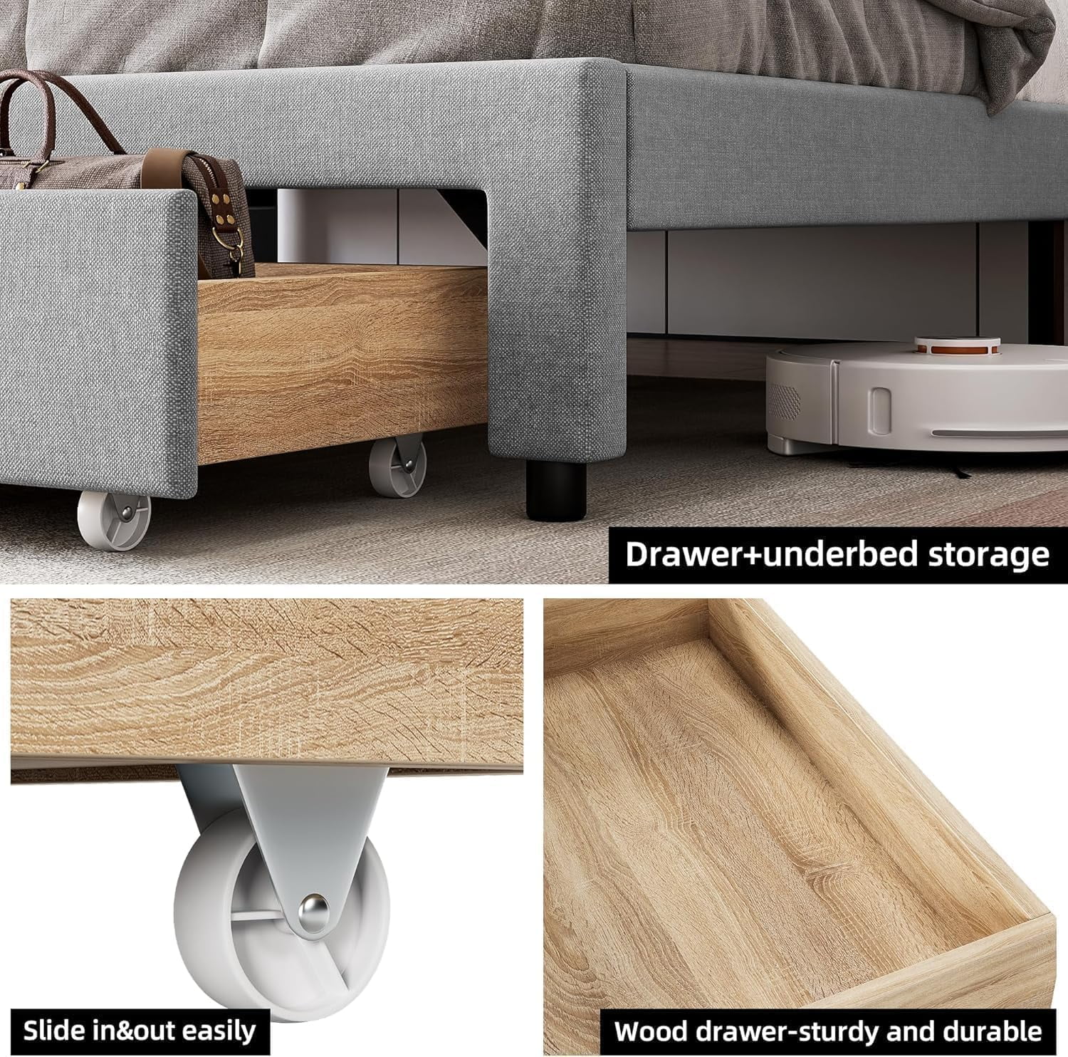 KOKEBREN Full Size Upholstered Platform Bed Frame, Metal Bed Frame for Bedroom, with Storage Drawers, Power Socket, Wooden Slats Mattress Foundation,Grey