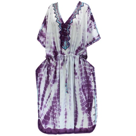 Short Caftan - Women Beachwear Tie Dye Sleeveless Rayon Lounge wear Caftan Short White Cover up