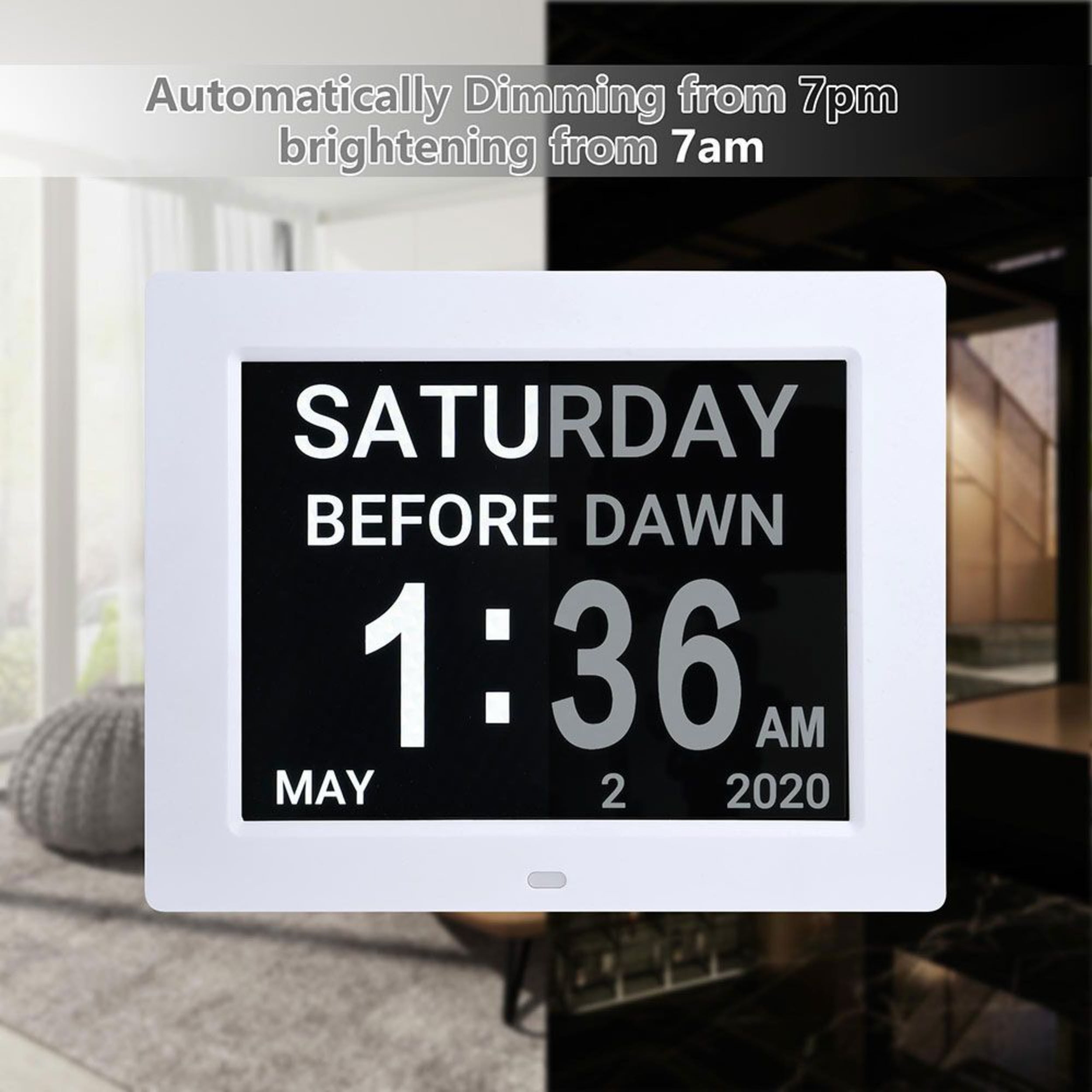 White Hanging Electronic Calendar, 8-inch LCD Digital Clock, Adjustable Brightness, Built-in Stand, Easy Installation, Suitable for Dormitories, Offices and Bedrooms.