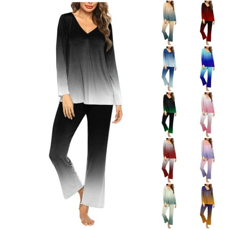 VBTAPA Womens Pajama Sets Gradient Print Long Sleeve V Neck Tops and Pants 2 Piece Pjs Set Soft Comfy Loungwear Daily Holiday Sleepwear Winter Savings Green XXXL