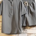 thumbnail image 4 of Two Piece Pants Sets Mens Two Piece Solid Cotton Linen Short Sleeve V Neck Tops and Shorts Set, 4 of 10