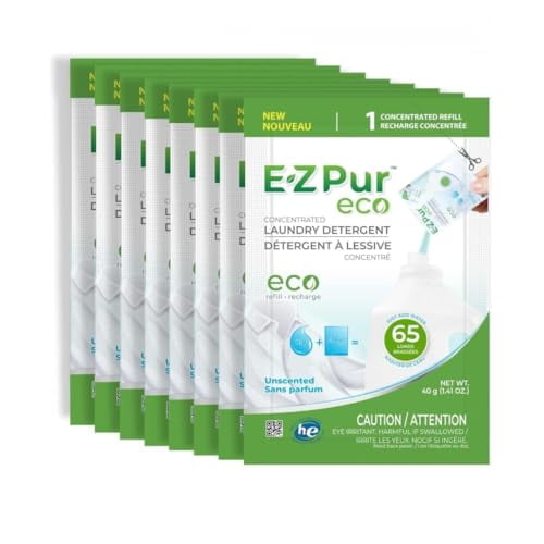 Détergent à Lessive Écologique Concentré, 520 Lavages - Recharge Lot de 8, 40g Chacun; Mélanger avec de l'Eau pour Faire 14.4L Liquide Non Parfumé, Compatible HE, Sûr pour les Fosses Septiques - EZ Pur Eco
