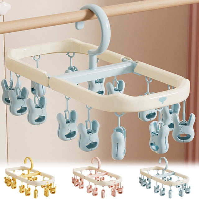 Uscallm 3Pcs Foldable Clothes Drying Rack With 14 Clips, Multi-Functional Plastic Laundry Hanger for Scarves Socks Underwear, Portable Space-Saving Garment Organizer for Travel Home Bathroom