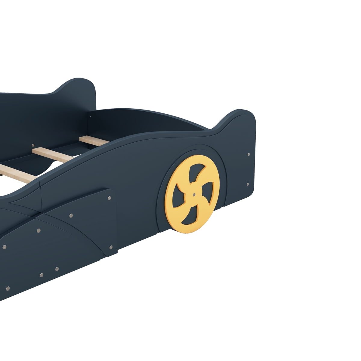 Luckynote Twin Race Car Bed, Wood Platform with Wheels and Storage, for Bedroom, Dark Blue Yellow
