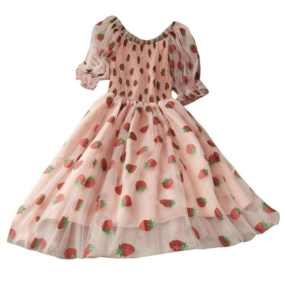 YM YOUMU Women Ruffle Mesh Short Puff Sleeve Dress Strawberry Print Off Shoulder Fairy Summer Dresses