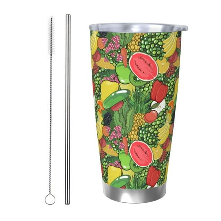 

Qekee Fruits Vegetables And Berries Print 20OZ Car Cup Stainless Steel Vacuum Insulated Tumbler Tumbler Cup With Lid And Straw Travel Coffee Mug-Straw Two-piece Set
