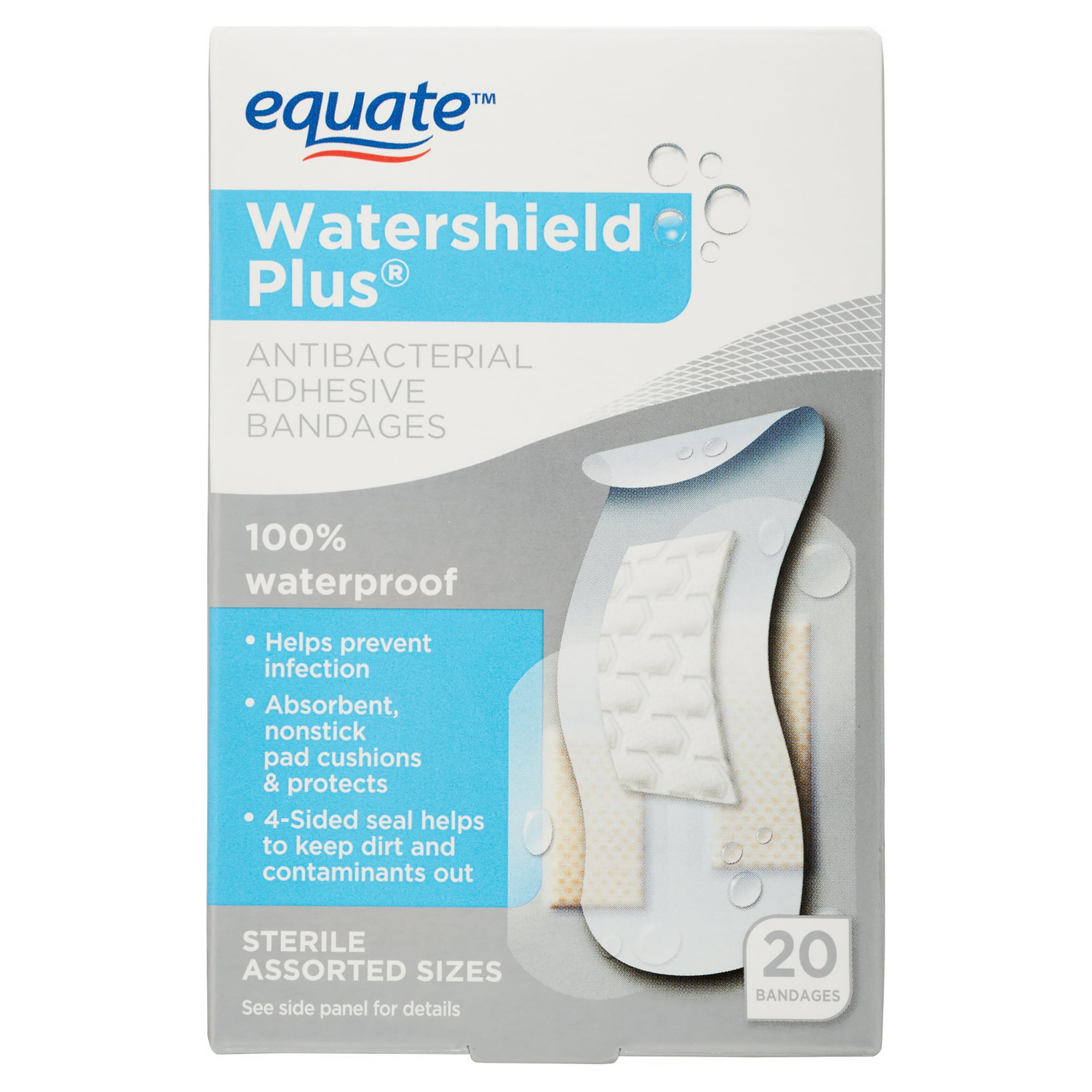Equate Watershield Plus Antibacterial Adhesive Bandages, Assorted Sizes, 20 Count