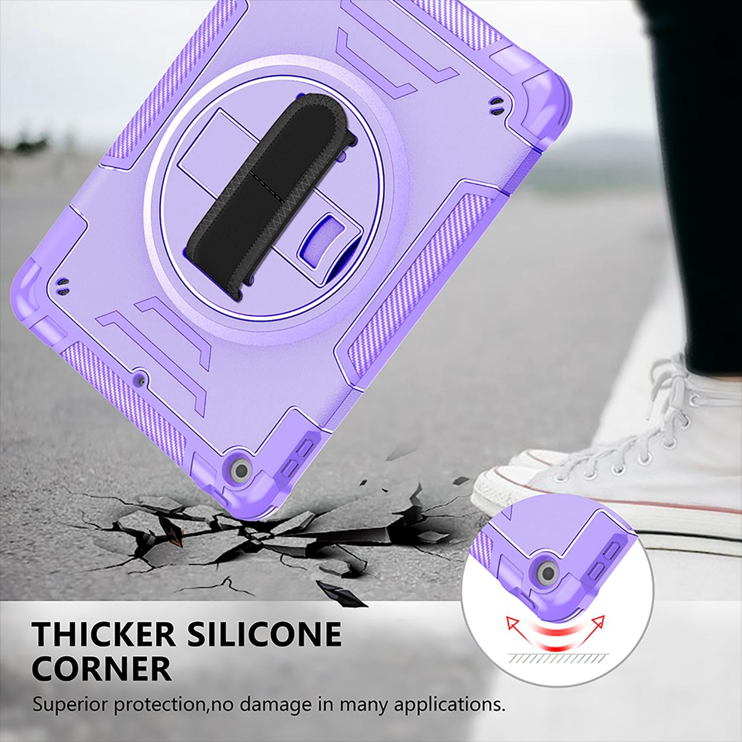 Shockproof Case for Apple iPad 6th 5th Generation, with Pencil Holder Military Grade Protection Rotating Stand Hand Strap Shoulder Strap Bumper Rugged Case for iPad 6th 5th Gen 9.7", Purple