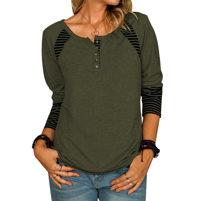 Innerwin T Shirt Long Sleeve Ladies T-shirt Work Striped Stitched Tee Army Green 3XL