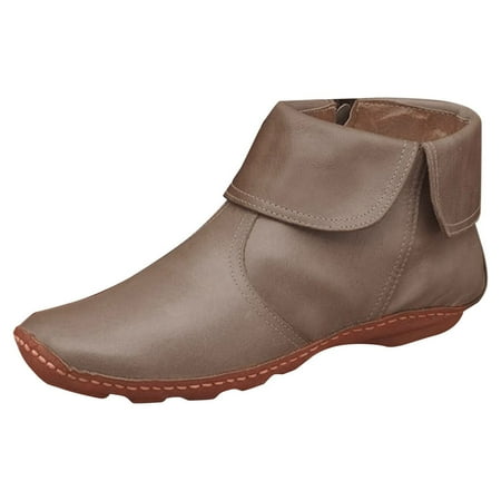 

SEMIMAY Flat Boots Vintage Round Women s Zip Pleated Fashion Toe Winter Up women s boots