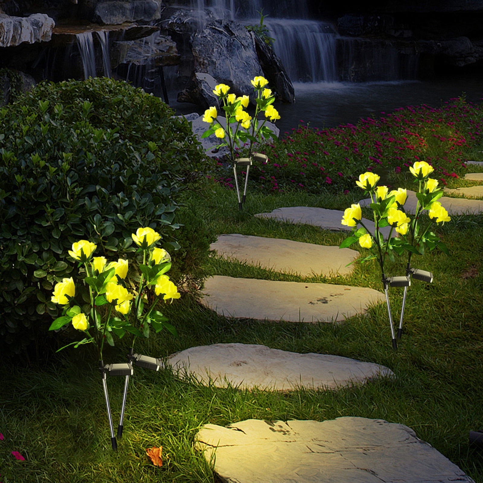 Solar Garden Lights,Solar Outdoor Lights with More Realistic 10 Rose WaterproofSolar Powered Flowers for Outside Patio Yard Pathway Decorations, 2 Pack