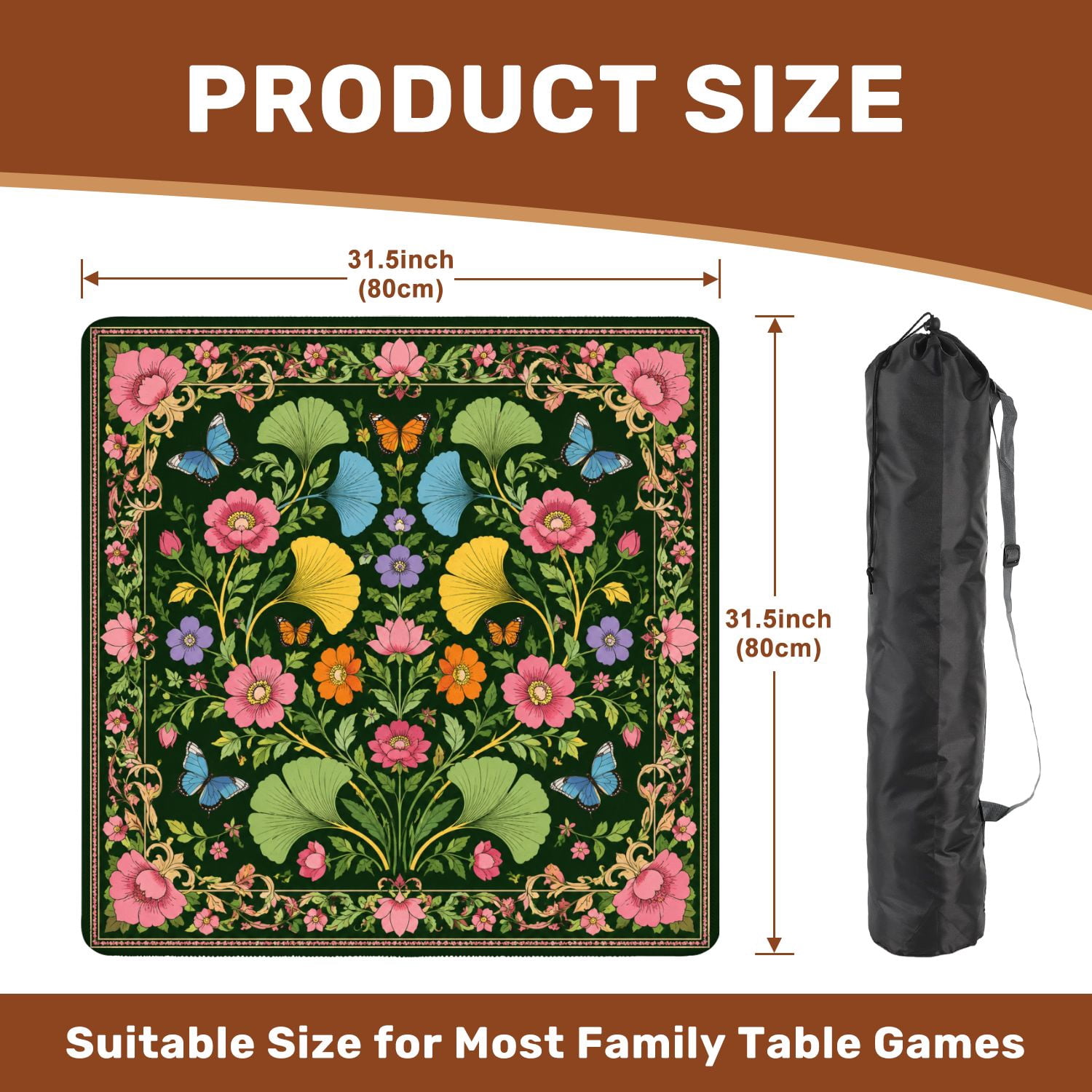 Mahjong Mat 31.5" x 31.5" Botanical Vibrant Green Leaves Flowers Butterflies Non-Slip Noise Reduction Mahjong Tiles Table Cover for Dominoes Poker Card Board and Tile Games