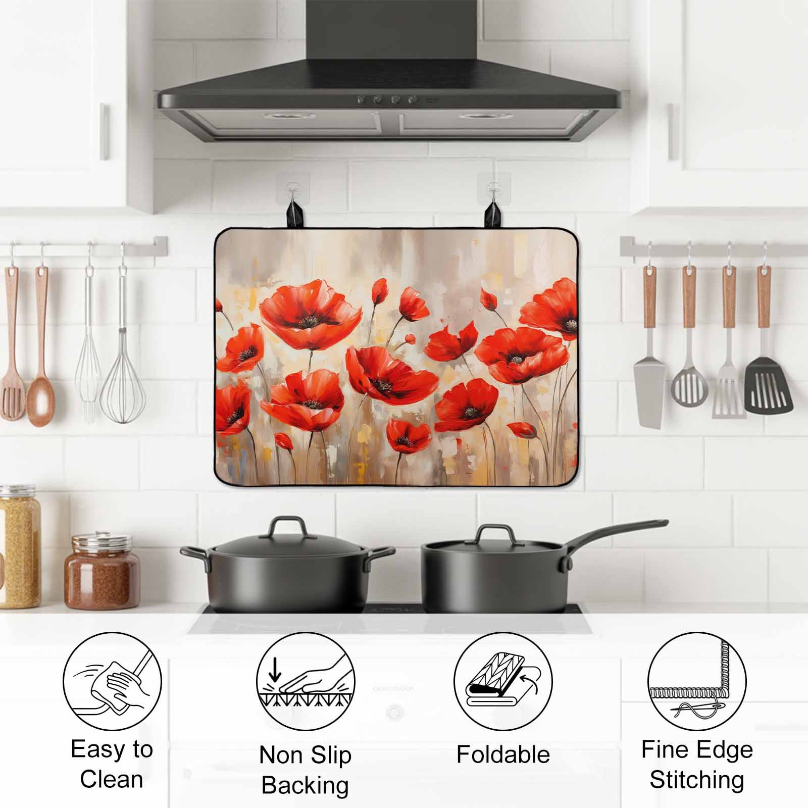 Red Spring Floral Stove Top Cover for Electric Stove, Heat-proof & Non Slip Glass Top Stove Cover Protector, Summer Botanical Watercolor Vintage Kitchen Flat Cooktop Rubber Mat 24x21 Inches
