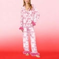 thumbnail image 5 of Tnhcen Valentine's Day Women's Cozy Comfortable Pajama Set with Fluffy Trim Pink Bow Print Long Sleeve Collar Design in Satin Fabric Sleepwear for Women Plus Size S-2XL, 5 of 7