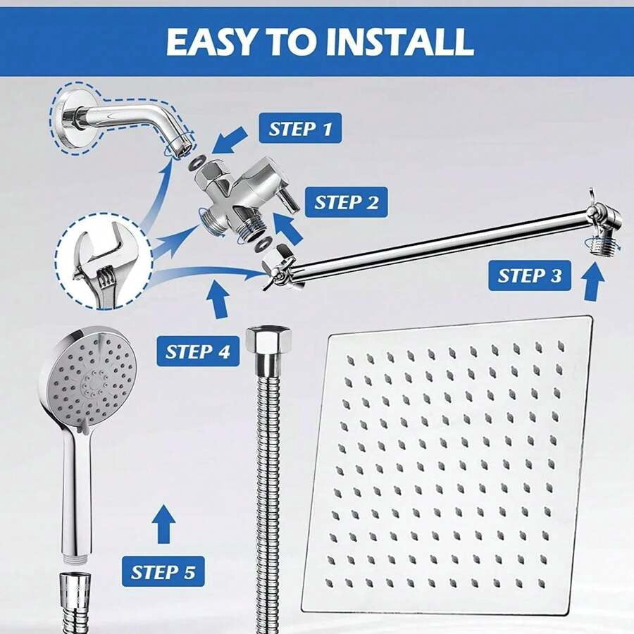 Shower Head Combo,8/10/12" Rain Square Shower Head  With 9 Inch Adjustable Extension Arm And 3 Settings Handheld Spray,150cm Long Hose