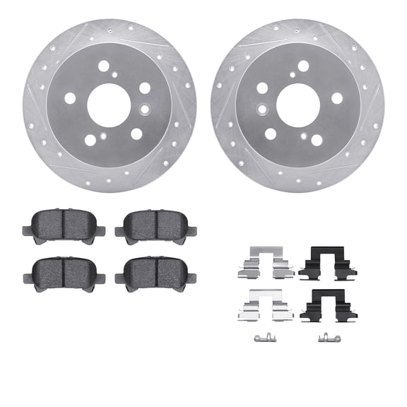 Dynamic Friction Company Rear Brake Rotors-Drilled and Slotted-Silver with 5000 Advanced Brake Pads includes Hardware 7512-76120