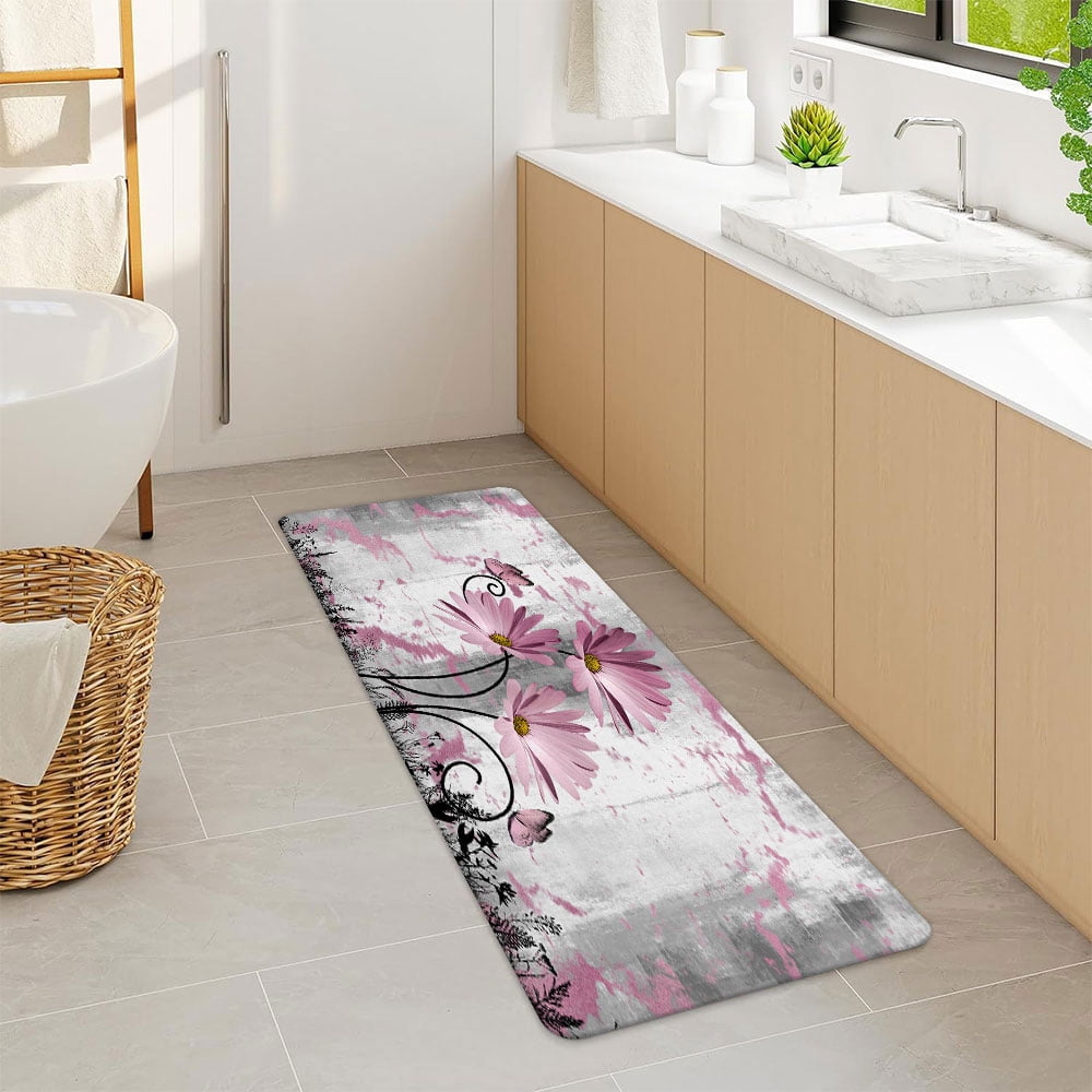 Rustic Farmhouse Bath Rug, Farm Pink Grey Daisy Floral Flowers and Butterfly on Country Wooden Bath Mat, Gray White Kitchen Rug Floor Mat Soft Non Slip Runner Carpet Indoor Doormat 17X48IN