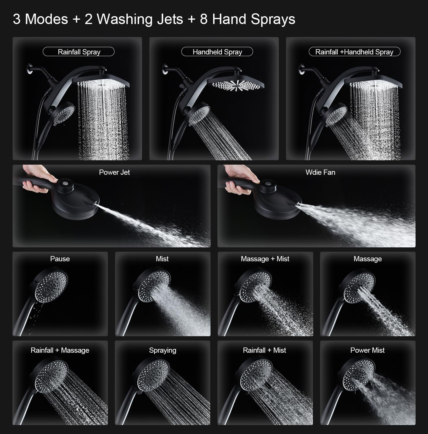 High Pressure Rain Shower Head: Upgrade Shower Heads with Handheld Spray Combo with Fixed Showerhead and 10 Sprays Handheld Shower Head, Detachable Showerheads