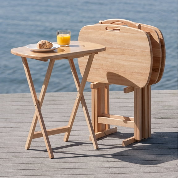 Contemporary Home Living Oblong Folding Snack Tables with Rack - 31.5" - Beige - 5pc