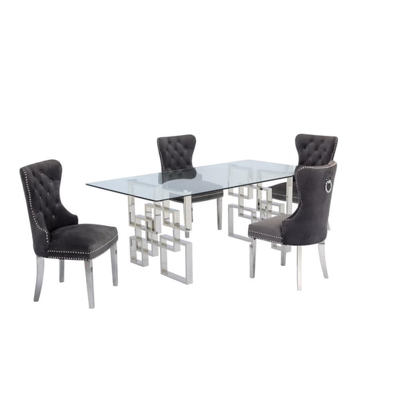 Rectangular Clear Glass 5pc Dining Set with Silver Stainless Steel Base