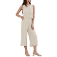 thumbnail image 4 of INSPIRE CHIC Pants Suits for Women Summer 2 Piece Outfits Sleeveless Crop Top Elastic Waist Wide Leg Pants Casual Sets L Khaki, 4 of 6