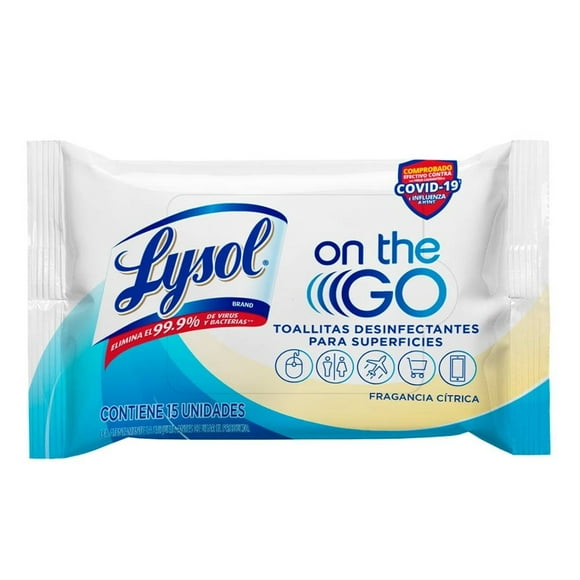 Toallitas desinfectantes para superficies Lysol On The Go aroma cítrico 15 pzas