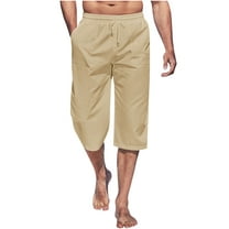 Wyobmus Capris Pants for Men Summer Cotton Linen Shorts Casual Below Knee Pocketed 3/4 Summer Solid Drawstring Capri Pants,M-3XL C-Khaki