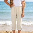 thumbnail image 5 of LIaqionyy Girls Cotton Linen Capri Pants Elastic Waist Casual Loose Summer Vacation Cropped Pant with Pockets, 5 of 7
