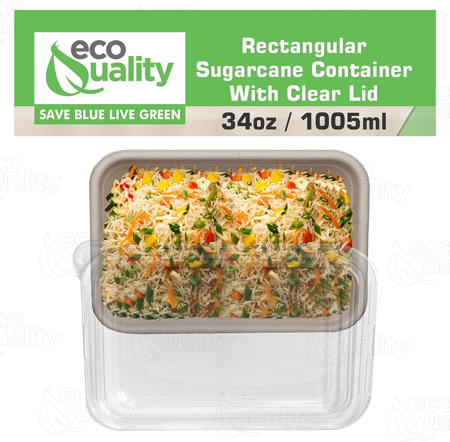 EcoQuality 34oz Disposable Bowls with Clear Lids - Rectangular Compostable Sugarcane Fiber Biodegradable Paper Bowls Eco-Friendly Take Out Food Storage Containers, Microwave Safe, Meal Prep (200 PACK)