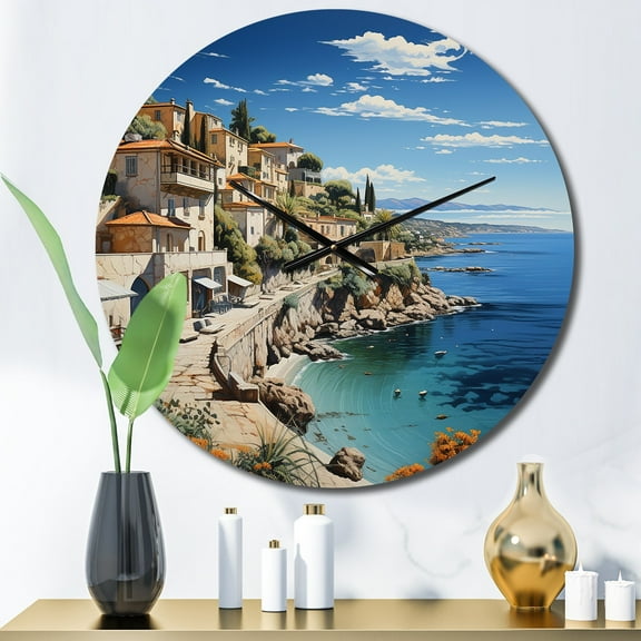 Designart "Azure Coastline Charming Village in Spain II" Nautical & Beach Oversized Wall Clock