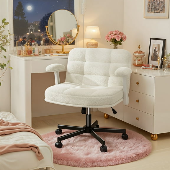 Romorgniz Criss Cross Chair with Flip-up Arms & Wheels Desk Chair with Adjustable Height & Teddy Plush Fabric for Bedroom, Home Office Desk, Vanity, Light Beige