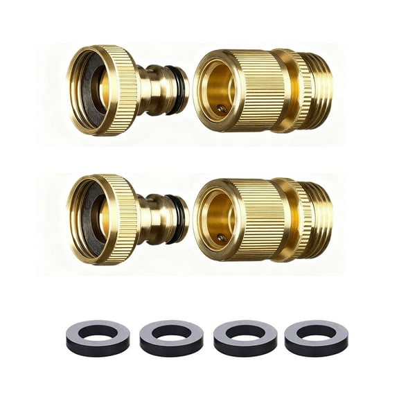 Quick Connect Solid Brass Garden Hose Fittings - 3/4 inch GHT Water Hose Connectors (Set of 2)